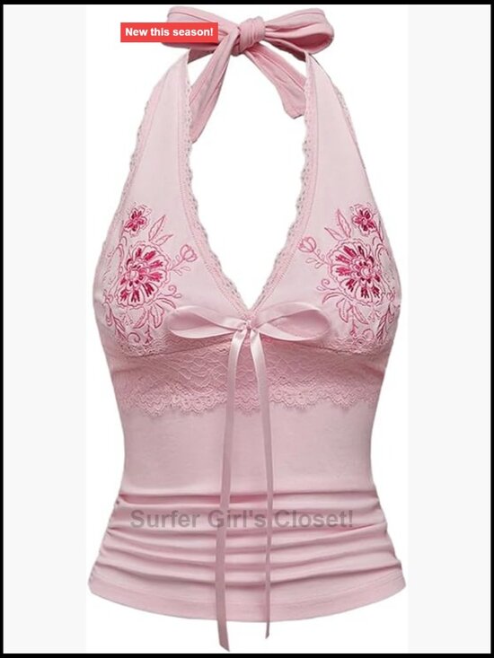 Tops - Floral Embroidery Bow Lace Trim Ruched Halter Tank Top Sleeveless Tie Back